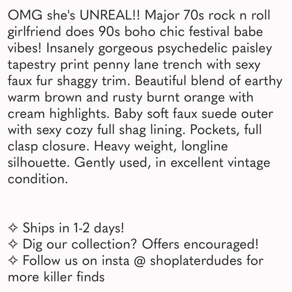 90s Vintage Penny Lane Groovy Faux Fur Jacket Shaggy Afghan Tapestry Trench Coat - Picture 9 of 10